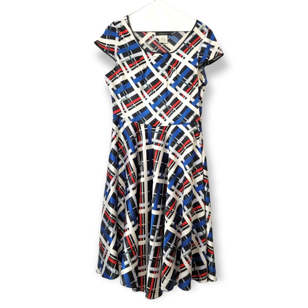 Neslay Red White Blue Short Sleeve Fit & Flare Dress MEDIUM